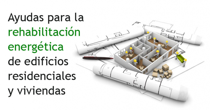 vivienda en 3D rodeada de planos y el texto: "Ayudas de la Comunidad de Madrid para la rehabilitación energética de edificios residenciales y viviendas"