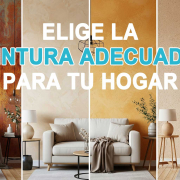 Cuatro estilos diferentes para elegir la pintura de tu casa. Cada uno de los estilos muestra un sofá blanco, mesas de centro de madera y lámparas. El primer estilo, a la izquierda, es una pared con un efecto óxido o de apariencia desgastada. El segundo es una pared con un efecto texturizado en tono beige claro. El tercero es una pared con un color amarillo ocre liso. El cuarto y último, a la derecha, es una pared con un efecto texturizado en tono marrón claro con puntos más oscuros. Sobre la imagen, en letras grandes de color blanco y azul, se lee el texto: "ELIGE LA PINTURA ADECUADA PARA TU HOGAR".