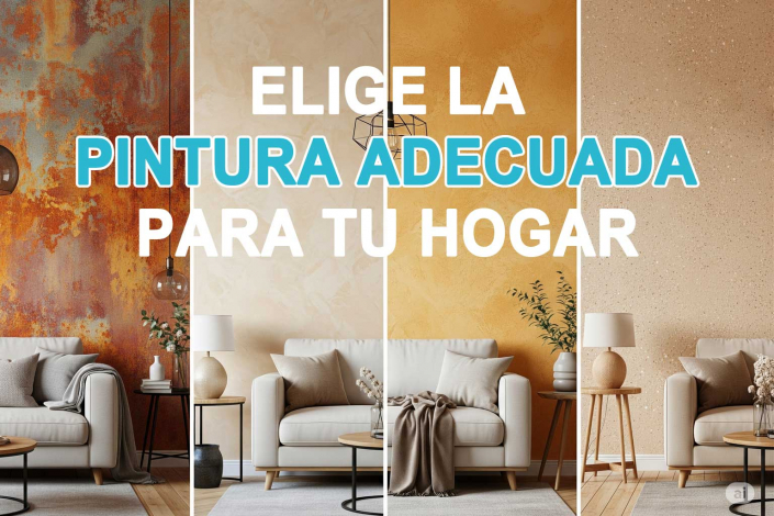 Cuatro estilos diferentes para elegir la pintura de tu casa. Cada uno de los estilos muestra un sofá blanco, mesas de centro de madera y lámparas. El primer estilo, a la izquierda, es una pared con un efecto óxido o de apariencia desgastada. El segundo es una pared con un efecto texturizado en tono beige claro. El tercero es una pared con un color amarillo ocre liso. El cuarto y último, a la derecha, es una pared con un efecto texturizado en tono marrón claro con puntos más oscuros. Sobre la imagen, en letras grandes de color blanco y azul, se lee el texto: "ELIGE LA PINTURA ADECUADA PARA TU HOGAR".