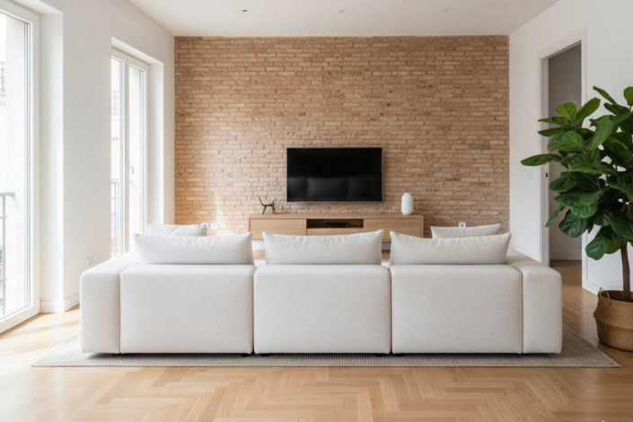 La imagen muestra un salón moderno y luminoso en un apartamento de Chamberí, Madrid. Una de las paredes presenta ladrillo visto, contrastando con las paredes blancas restantes. El suelo es de parquet de madera clara en espiga. Un gran sofá modular blanco ocupa el centro de la estancia, orientado hacia un mueble bajo de madera clara con un televisor colgado encima. En la esquina derecha, una planta de interior en una cesta de mimbre aporta un toque de frescura. Grandes ventanas a la izquierda dejan entrar abundante luz natural.