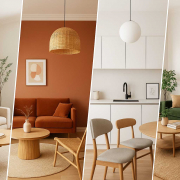 Composición de cuatro escenas de interiorismo, cada una representando un estilo diferente. De izquierda a derecha: Una sala de estar luminosa con sofá beige, mesa de centro de madera clara y una planta alta en una esquina, evocando un estilo nórdico o minimalista, ideal para interiorismo en Madrid según el barrio como Chamberí. Una sala con paredes de terracota, sofá a juego, mesa de centro redonda de madera y una lámpara de techo de ratán, sugiriendo un ambiente cálido y bohemio, que podría encontrarse en barrios como Lavapiés en el interiorismo en Madrid según los diferentes barrios. Una cocina-comedor moderna y minimalista con gabinetes blancos, encimera y grifo negros, y dos sillas de comedor de madera y tela, con una lámpara de techo esférica blanca, representando un estilo contemporáneo, común en zonas como Sanchinarro o Las Tablas. Una sala de estar con sofá verde oscuro, cojines de tonos tierra, mesa de centro de madera y una silla de madera con tapicería clara, junto a un tapiz de macramé en la pared, mostrando un estilo natural y artesanal, popular en barrios con encanto como Malasaña o La Latina.