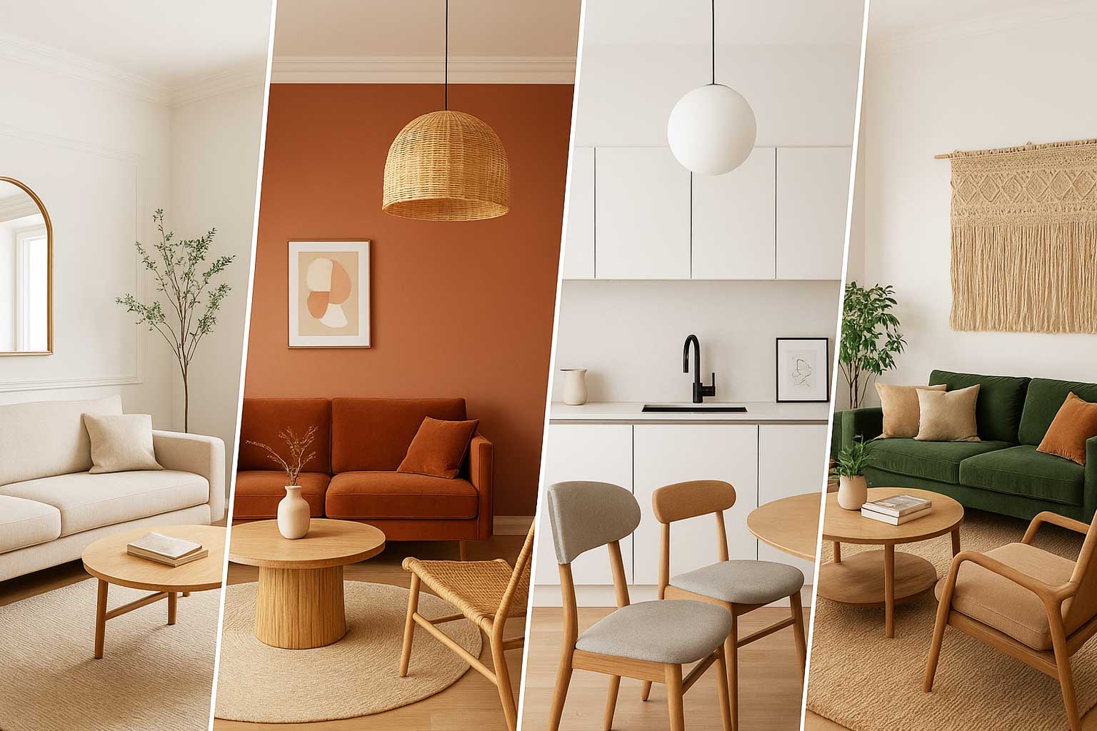 Composición de cuatro escenas de interiorismo, cada una representando un estilo diferente. De izquierda a derecha: Una sala de estar luminosa con sofá beige, mesa de centro de madera clara y una planta alta en una esquina, evocando un estilo nórdico o minimalista, ideal para interiorismo en Madrid según el barrio como Chamberí. Una sala con paredes de terracota, sofá a juego, mesa de centro redonda de madera y una lámpara de techo de ratán, sugiriendo un ambiente cálido y bohemio, que podría encontrarse en barrios como Lavapiés en el interiorismo en Madrid según los diferentes barrios. Una cocina-comedor moderna y minimalista con gabinetes blancos, encimera y grifo negros, y dos sillas de comedor de madera y tela, con una lámpara de techo esférica blanca, representando un estilo contemporáneo, común en zonas como Sanchinarro o Las Tablas. Una sala de estar con sofá verde oscuro, cojines de tonos tierra, mesa de centro de madera y una silla de madera con tapicería clara, junto a un tapiz de macramé en la pared, mostrando un estilo natural y artesanal, popular en barrios con encanto como Malasaña o La Latina.