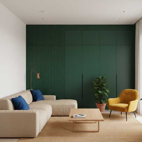 Salón moderno con pared en verde oscuro, sofá beige, sillón mostaza y toques azules, reflejando tendencias de decoración para 2026.