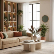 Salón moderno con sofá beige, estanterías de madera iluminadas, pared de lamas verdes, espejos redondos, plantas y cortinas blancas, reflejando tendencias de decoración para 2026