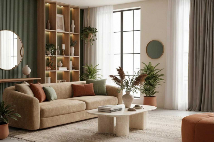 Salón moderno con sofá beige, estanterías de madera iluminadas, pared de lamas verdes, espejos redondos, plantas y cortinas blancas, reflejando tendencias de decoración para 2026