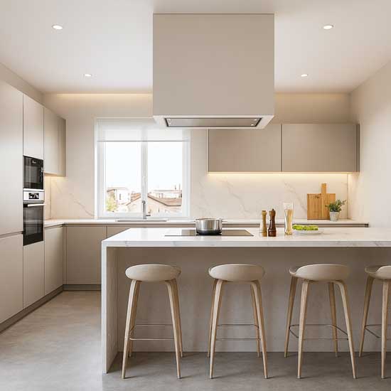 Cocina con península de estilo contemporáneo en tonos claros, con mobiliario sin tiradores, encimera en porcelánico efecto mármol blanco y taburetes altos junto a la península, en un ambiente minimalista y luminoso.