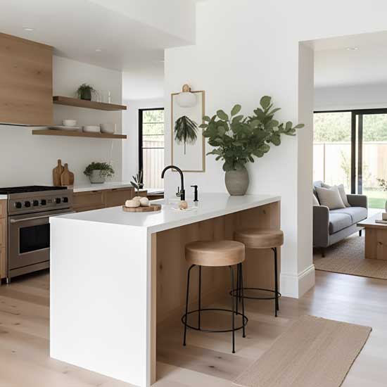 Cocina americana con península de estilo nórdico que combina madera natural, encimera blanca y un diseño minimalista conectado al salón.