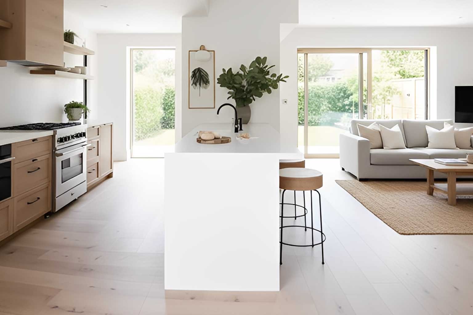 Cocina moderna de concepto abierto con península integrada, tal y como dicta la nueva tendencia para 2026: cocinas con península; diseño minimalista con madera clara, encimera blanca y conexión al salón luminoso.