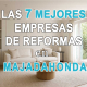 Salón contemporáneo luminoso con sofá beige y decoración minimalista, utilizado como fondo para un cartel con el texto “Las 7 mejores empresas de reformas en Majadahonda”