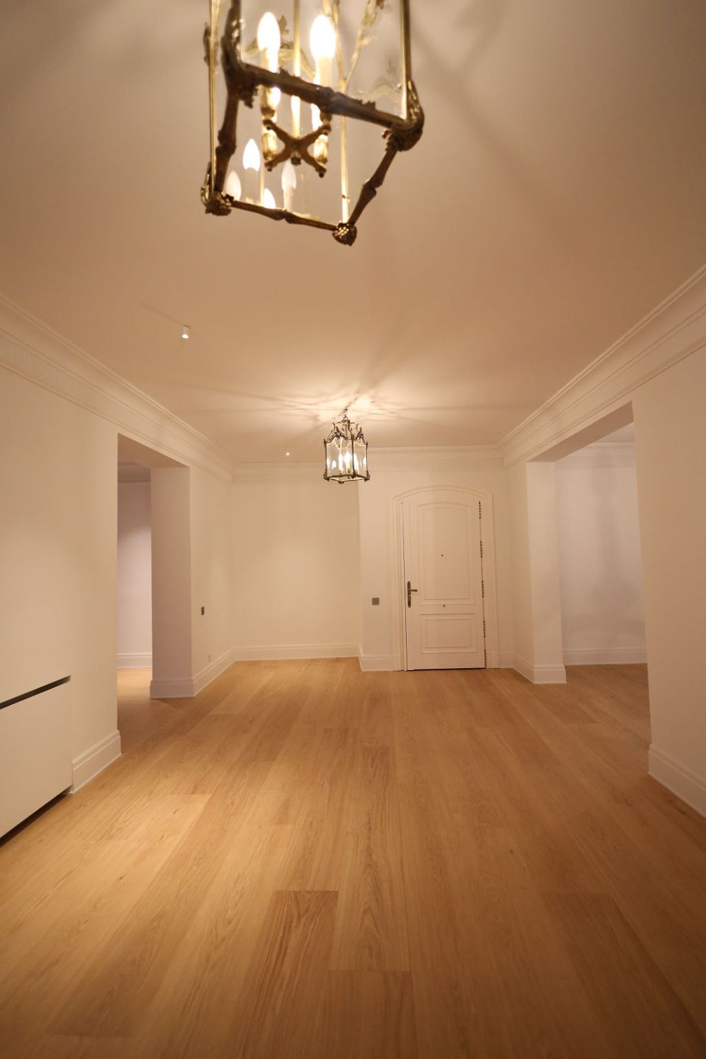 Entrada amplia y diáfana tras una reforma integral en Marqués de Salamanca, con suelo de madera natural, paredes blancas, molduras clásicas restauradas y luminarias decorativas que aportan elegancia y luminosidad al espacio.