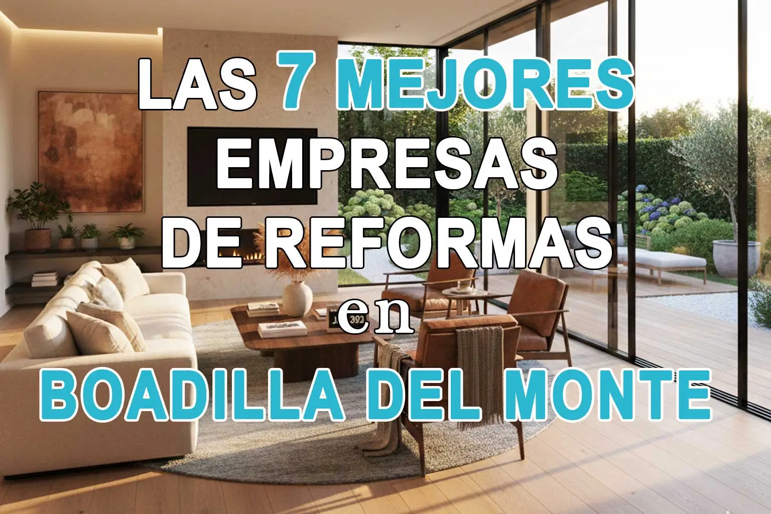 Salón de concepto abierto diseñado por Honrados y el texto: las 7 mejores empresas de reformas en Boadilla del Monte superpuesto-