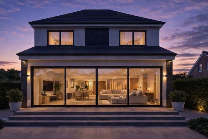 precio-reformas-pozuelo-alarcon-2026 Fachada de chalet unifamiliar moderno en una urbanización de Pozuelo de Alarcón al atardecer, con gran acristalado que deja ver un interior contemporáneo iluminado, salón y comedor de diseño actual, imagen representativa del Precio de reformas en Pozuelo de Alarcón 2026.