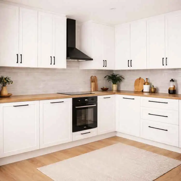 Cocina en color blanco con tiradores en negro mate estilo industrial moderno Cocina en Madrid en color blanco con tiradores en negro mate, distribución en L con encimera de madera natural y campana negra estilo industrial.