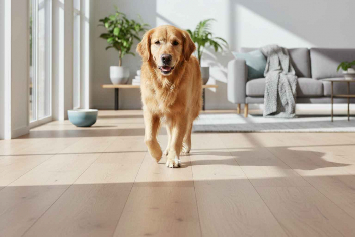 elegir-suelo-mascotas Perro Golden Retriever caminando sobre suelo laminado de alta resistencia en una vivienda reformada con diseño y suelos pet-friendly.