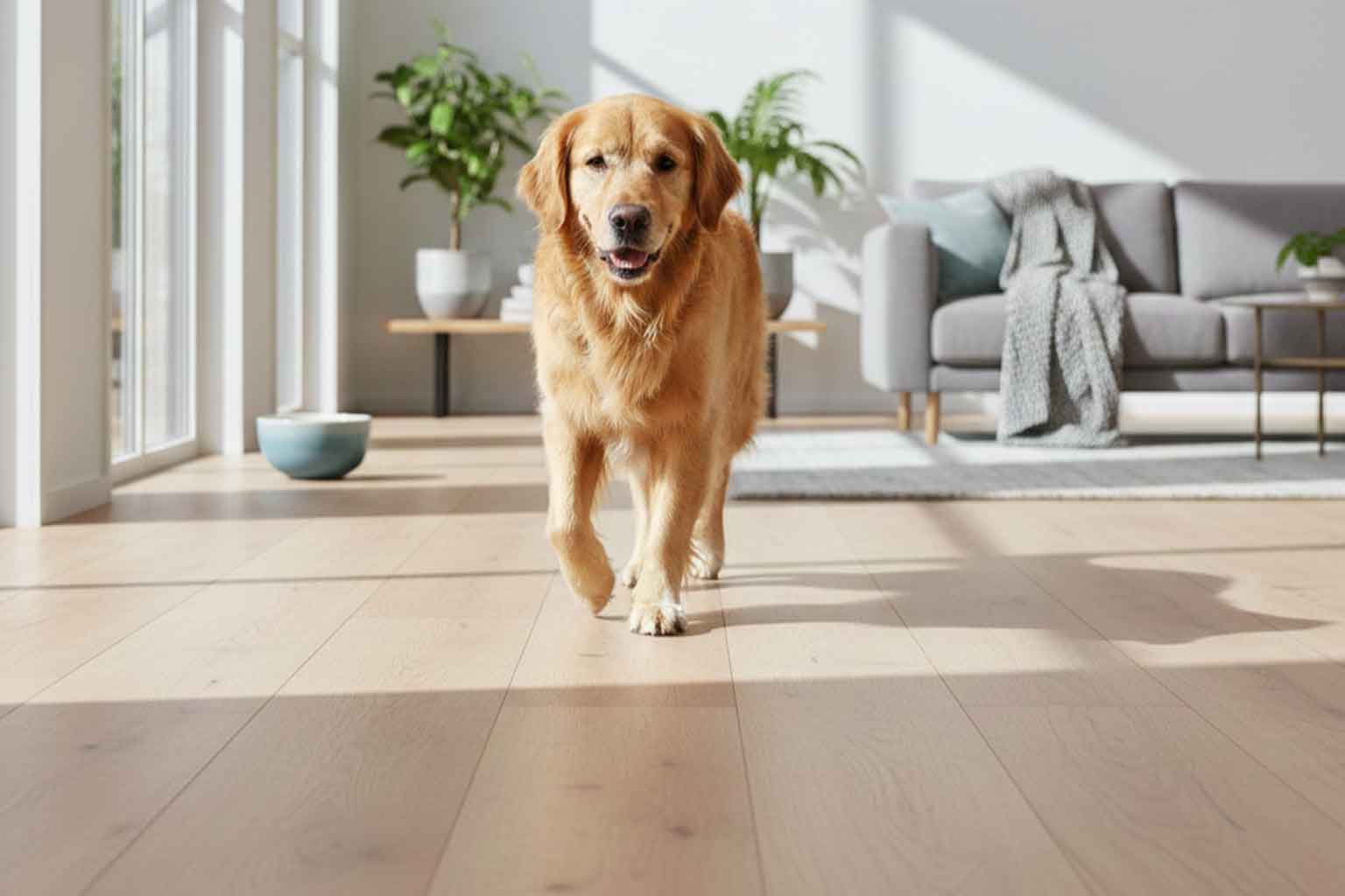Perro Golden Retriever caminando sobre suelo laminado de alta resistencia en una vivienda reformada con diseño y suelos pet-friendly.