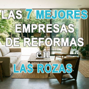 Salón moderno con salida al jardín en una vivienda unifamiliar reformada, utilizado como portada para el ranking de las siete mejores empresas de reformas en Las Rozas de Madrid. El texto superpuesto dice: 'LAS 7 MEJORES EMPRESAS DE REFORMAS en LAS ROZAS