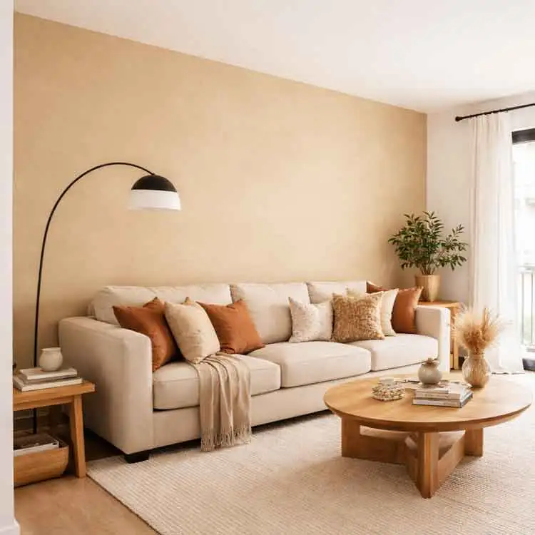 Salón con pared de acento en color beige arena cálido Salón con pared de acento en color beige arena cálido en piso urbano de Madrid, con sofá neutro, mesa de madera y decoración moderna en tonos tierra.