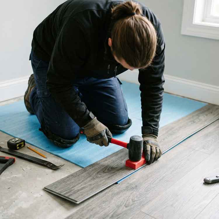 Montando suelo vinílico con sistema clic clac - Renovar hogar 48 horas Primer plano de una persona montando suelo vinílico con sistema clic clac; se ve el uso de un mazo de goma y cuñas para ajustar las lamas de madera gris, ideal como truco para renovar tu hogar en 48 horas.