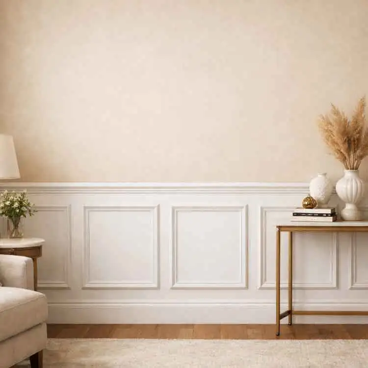 Salón con cuarterones decorativos Salón con cuarterones en el tercio inferior de la pared realizados con molduras de polímero pintadas en blanco, combinado con pared beige y decoración clásica contemporánea.