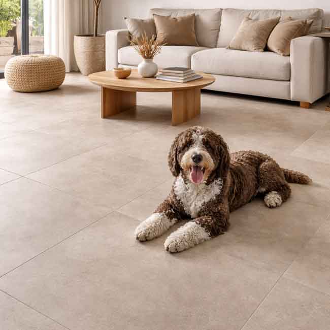 Salón moderno con suelo para mascotas porcelanico mate antideslizante, decorado en tonos neutros y con un perro de aguas descansando cómodamente sobre el pavimento.