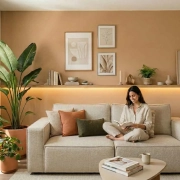 Mujer leyendo en un sofá beige frente a una pared de acento color terracota con repisa iluminada por LED y plantas, ejemplificando trucos para renovar tu hogar en 48 horas.