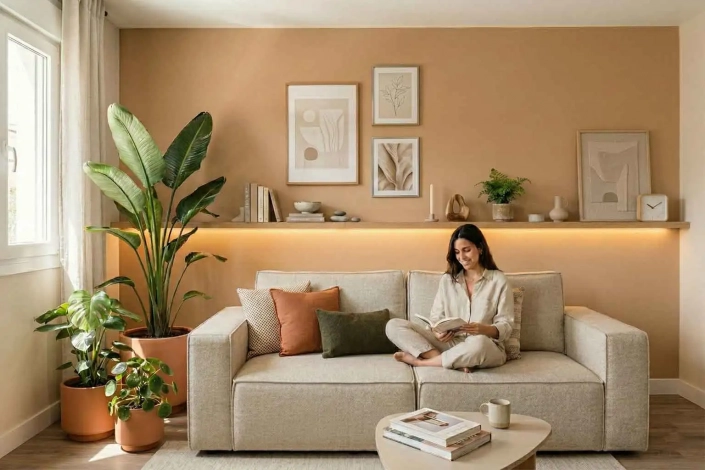 Mujer leyendo en un sofá beige frente a una pared de acento color terracota con repisa iluminada por LED y plantas, ejemplificando trucos para renovar tu hogar en 48 horas.