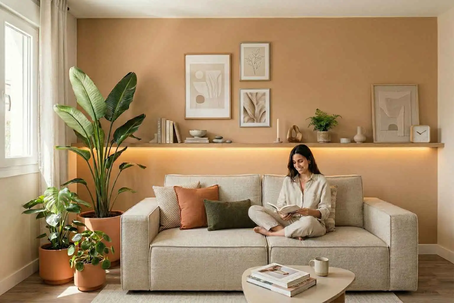 Mujer leyendo en un sofá beige frente a una pared de acento color terracota con repisa iluminada por LED y plantas, ejemplificando trucos para renovar tu hogar en 48 horas.