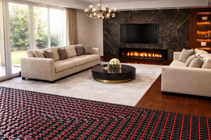 Salón moderno de lujo con dos sofás enfrentados y mesa de centro sobre alfombra blanca, con una zona donde se ve el suelo radiante con tuberías instaladas; imagen representativa para analizar qué es mejor instalar aerotermia o gas natural en una vivienda.