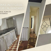 reforma-integral-chueca-100-anos Un collage de fotos diagonales que documenta el Antes y el después de la reforma integral de un piso de más de 100 años en Chueca, Madrid. La imagen muestra tres escenas clave: una cocina de estilo industrial con encimeras de acero inoxidable y cortinas de lino; un pasillo con baldosas hidráulicas originales y cortinas divisorias; y un detalle de primer plano de una vidriera tradicional de plomo con patrón floral. Texto superpuesto: 'REFORMA INTEGRAL EN CHUECA, MADRID' y 'RESCATANDO EL ALMA DE UN PISO CENTENARIO'.