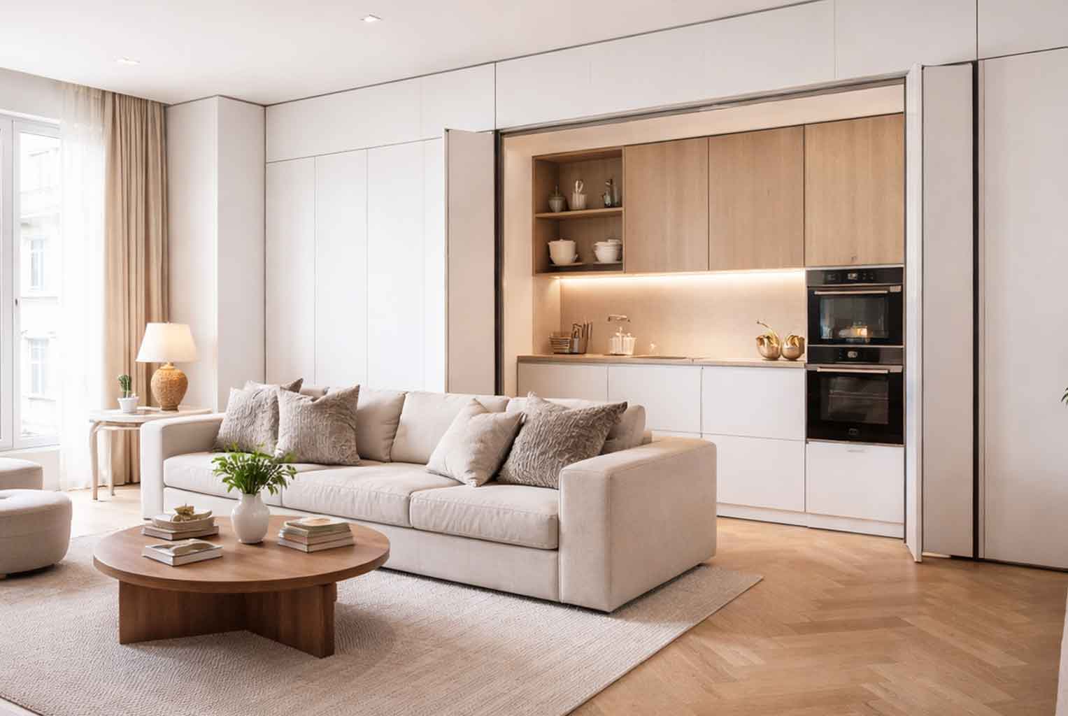 Cocina invisible en Madrid integrada en salón moderno con mobiliario oculto, diseño minimalista Hidden Kitchen tendencia para 2026