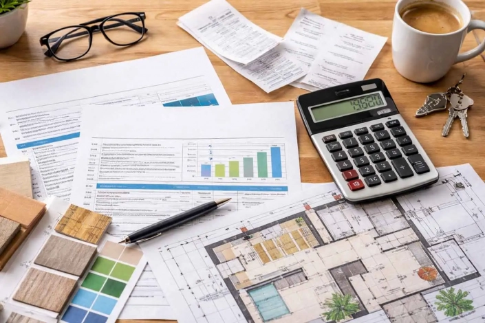 Vista cenital de un escritorio de madera con documentos de planificación de reformas en Madrid, planos arquitectónicos detallados, muestras de madera y colores, una calculadora y facturas organizadas para documentar y calcular las deducciones fiscales por reforma para la declaración de la renta 2026