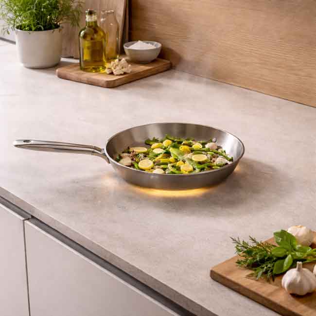 Encimera de inducción invisible bajo porcelánico en cocina moderna Madrid