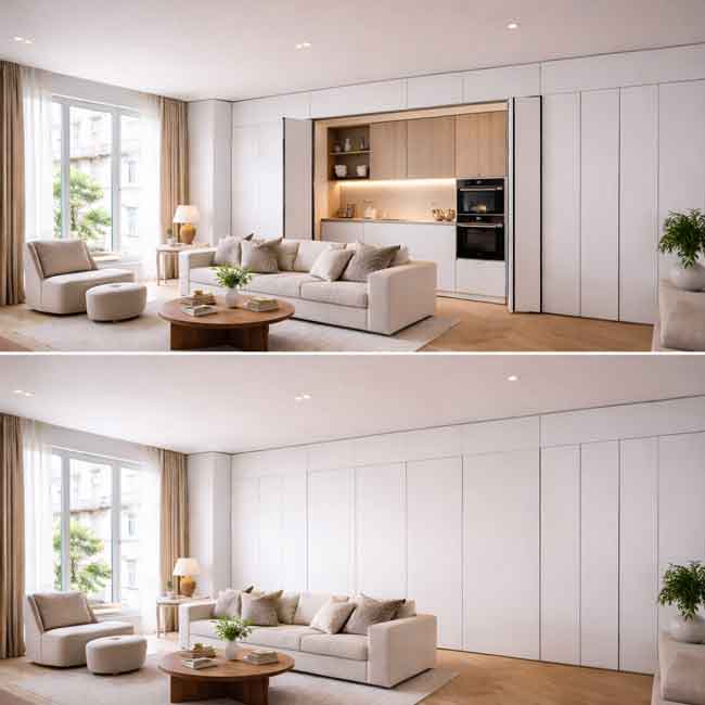 Comparativa de cocina invisible en Madrid abierta y cerrada integrando diseño y funcionalidad