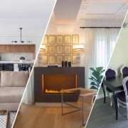 Imagen de portada tríptico diagonal que ilustra tres estilos de reformas integrales y decoración según la edad en Madrid: un diseño minimalista y de planta abierta para jóvenes (izq.), un rincón de chimenea elegante y sofisticado para adultos de mediana edad (centro), y un comedor clásico y tradicional para personas mayores con molduras y lampara de araña(der.)