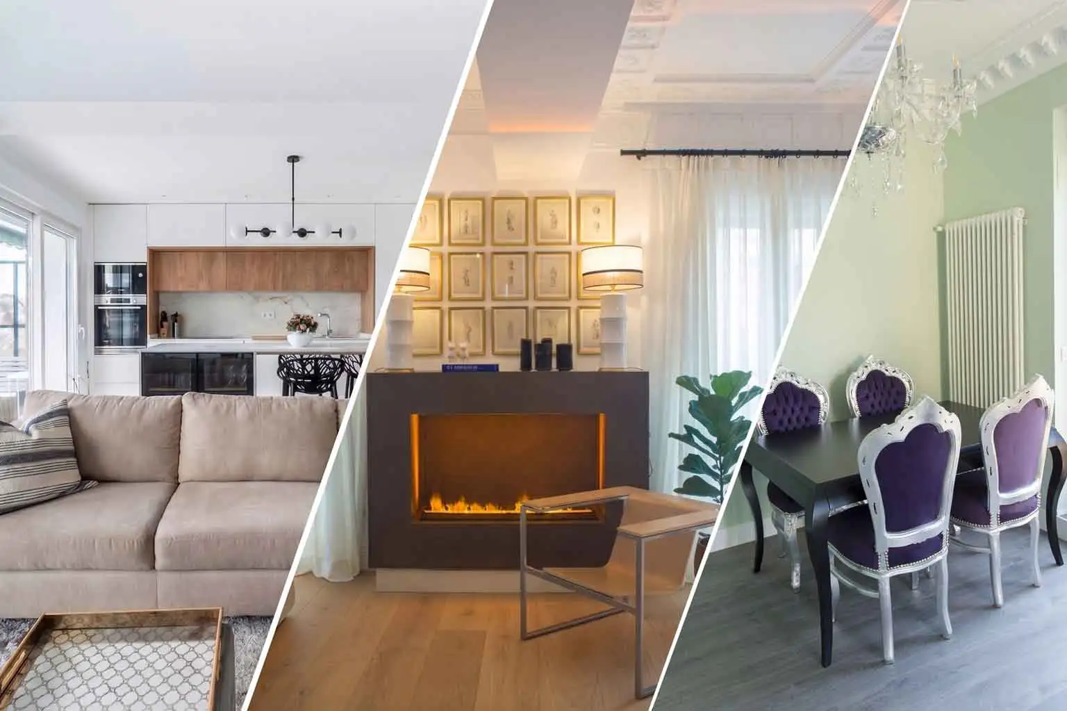 Imagen de portada tríptico diagonal que ilustra tres estilos de reformas integrales y decoración según la edad en Madrid: un diseño minimalista y de planta abierta para jóvenes (izq.), un rincón de chimenea elegante y sofisticado para adultos de mediana edad (centro), y un comedor clásico y tradicional para personas mayores con molduras y lampara de araña(der.)