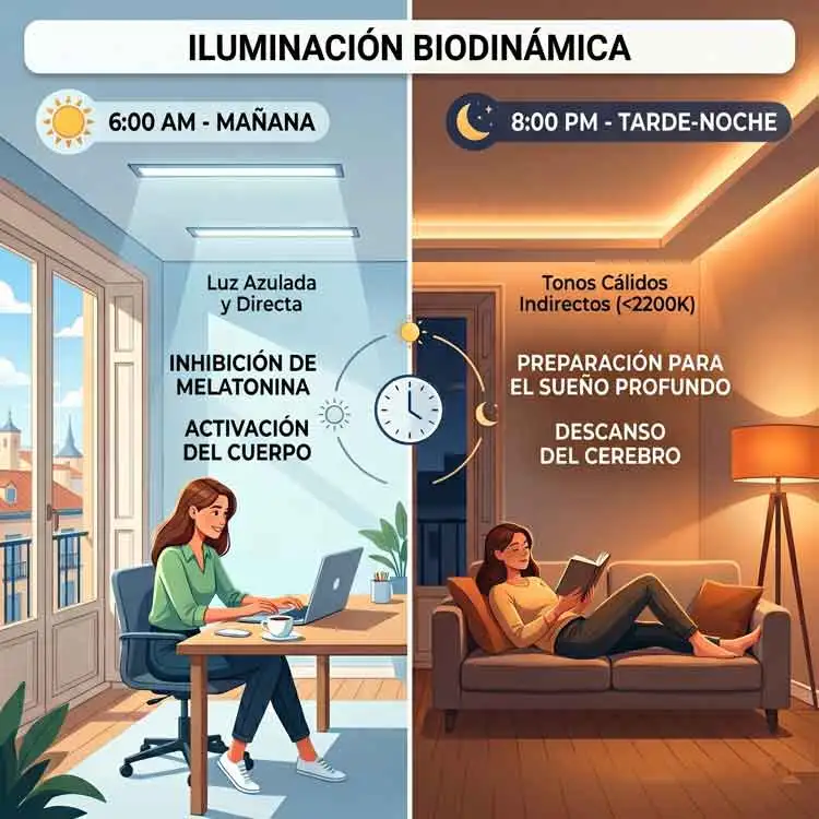 Neuroarquitectura en las Reformas en Madrid: Gráfico de Iluminación Biodinámica Un gráfico comparativo de neuroarquitectura en las reformas en Madrid que ilustra la iluminación biodinámica: luz azulada y directa de mañana para activarse y tonos cálidos indirectos para el descanso del cerebro.
