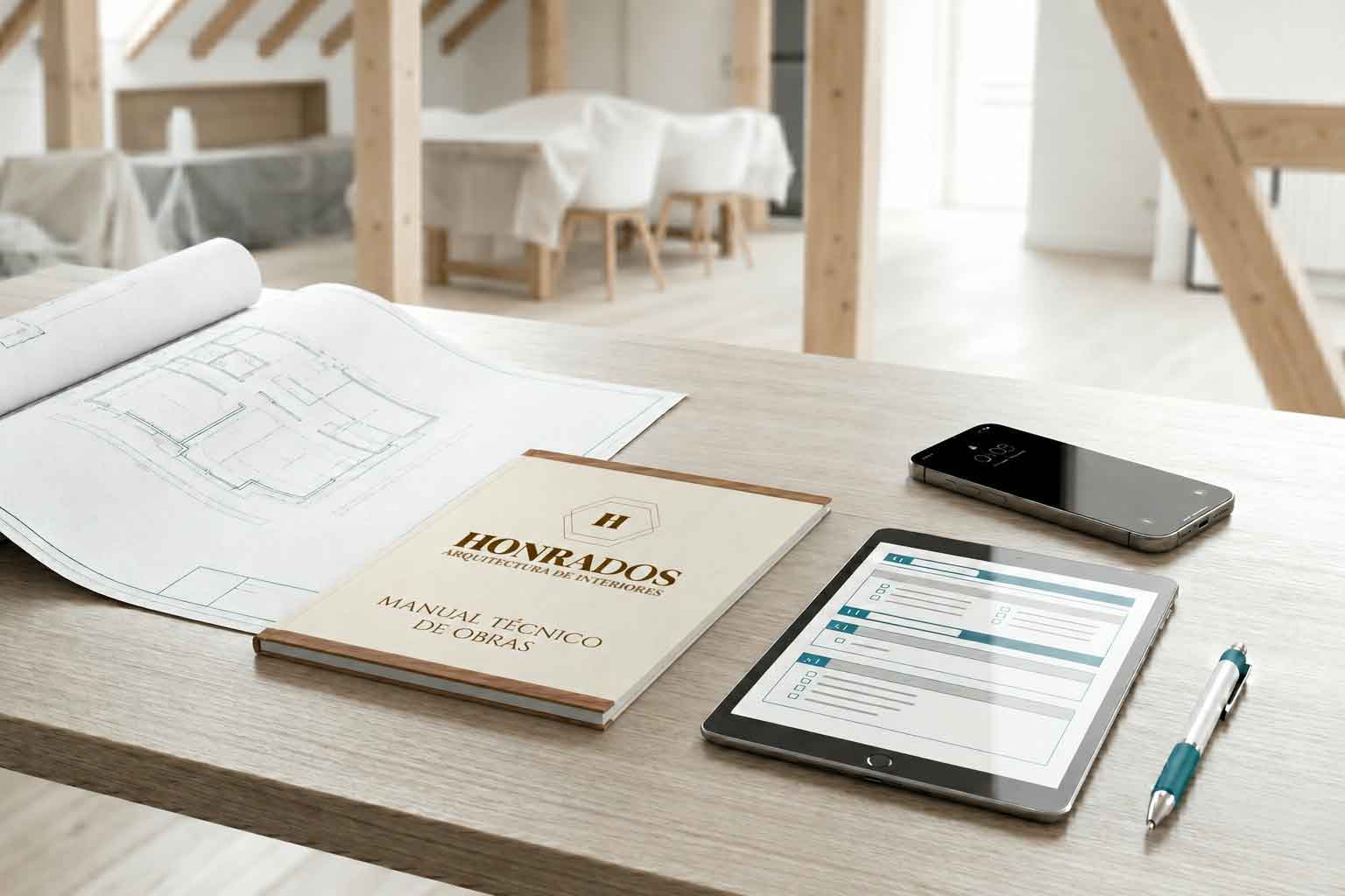 Descarga el manual técnico de obra gratis de Honrados, presentado sobre una mesa de trabajo con planos arquitectónicos, tablet con checklist digital, móvil y bolígrafo, en un espacio luminoso de reforma e interiorismo.