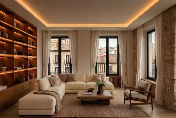 Acogedor salón moderno diseñado con principios de neuroarquitectura en reformas en Madrid, con un gran sofá seccional beige, estantería de madera integrada e iluminada, paredes de piedra texturizada y grandes ventanas con vistas a la ciudad.