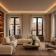 Acogedor salón moderno diseñado con principios de neuroarquitectura en reformas en Madrid, con un gran sofá seccional beige, estantería de madera integrada e iluminada, paredes de piedra texturizada y grandes ventanas con vistas a la ciudad.
