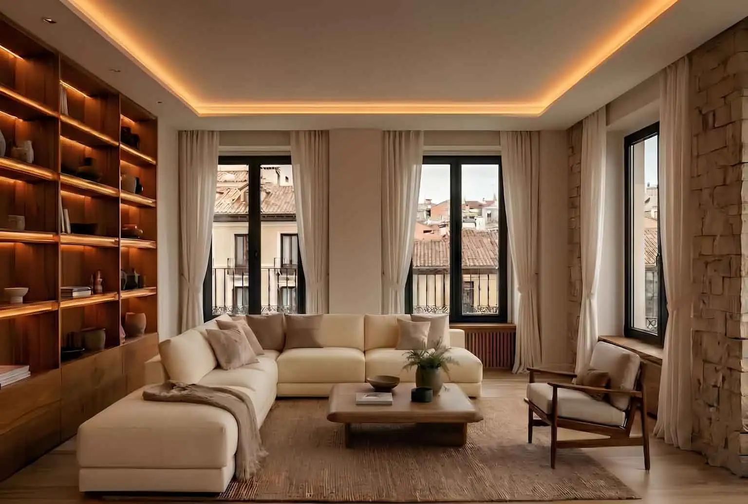 Reformas en Madrid | neuroarquitectura Acogedor salón moderno diseñado con principios de neuroarquitectura en reformas en Madrid, con un gran sofá seccional beige, estantería de madera integrada e iluminada, paredes de piedra texturizada y grandes ventanas con vistas a la ciudad.