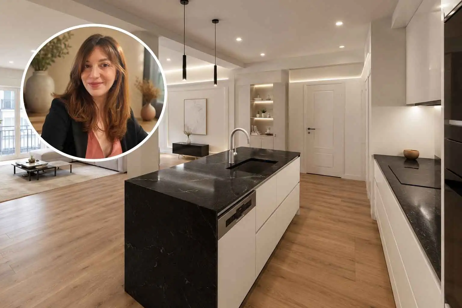Camila Espinosa; los 5 errores que debes evitar a la hora de diseñar tu cocina Camila Espinosa desvela los 5 errores que debes evitar a la hora de diseñar tu cocina, en una imagen con cocina moderna abierta, isla central, encimeras negras y mobiliario blanco junto con fotografía circular de la propia experta en reformas.