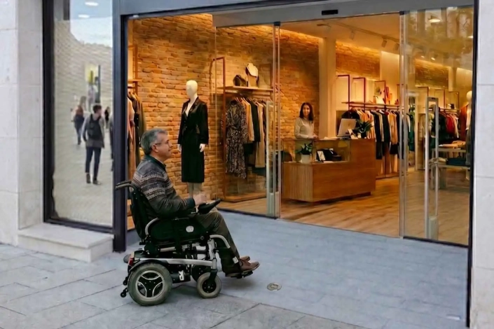 Persona en silla de ruedas eléctrica accediendo por una rampa interior perfectamente enrasada a una boutique moderna en planta baja con puertas automáticas acristaladas, proyecto de reforma de local comercial ejecutable mediante las ayudas del Plan Adapta 2026.