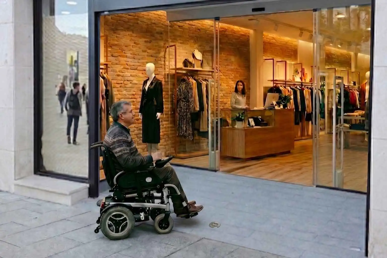 Ayudas Reformas Locales Comerciales en Madrid | Plan Adapta 2026 Persona en silla de ruedas eléctrica accediendo por una rampa interior perfectamente enrasada a una boutique moderna en planta baja con puertas automáticas acristaladas, proyecto de reforma de local comercial ejecutable mediante las ayudas del Plan Adapta 2026.