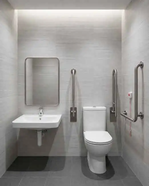 Cuarto de baño adaptado en un negocio a pie de calle con barras de apoyo de acero inoxidable, lavabo suspendido ergonómico e inodoro accesible, reformado gracias a las ayudas para reformas de locales comerciales en Madrid del Plan Adapta 2026.