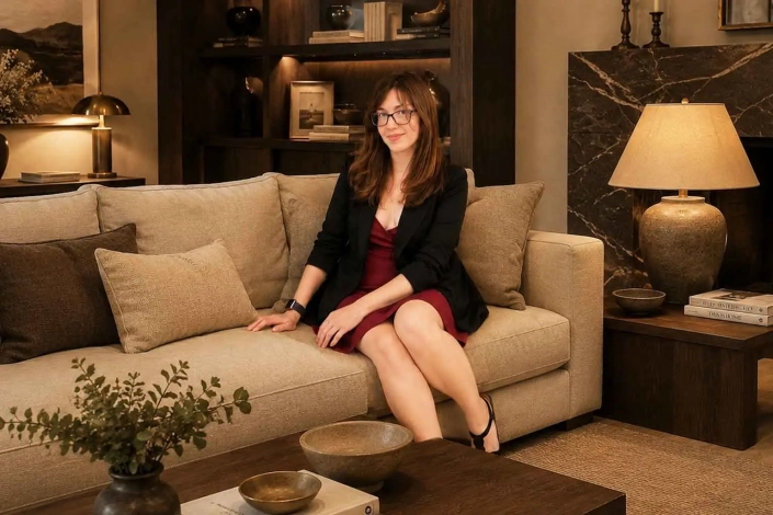 camila-espinosa-fin-minimalismo Camila Espinosa sentada en un salón de estilo contemporáneo con tonos tierra, un espacio que representa el fin del minimalismo y el regreso de ambientes cálidos y acogedores.