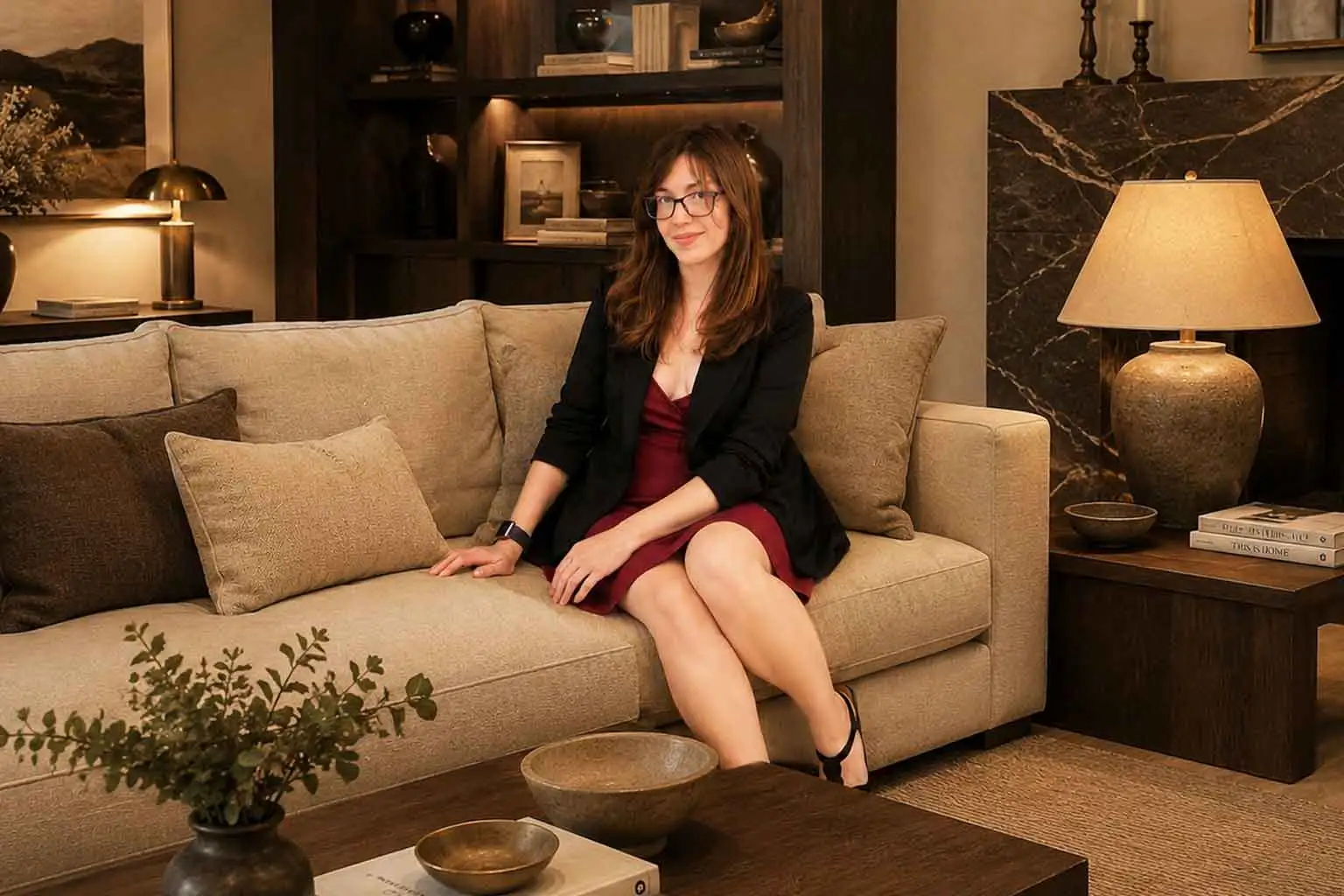Camila Espinosa sentada en un salón de estilo contemporáneo con tonos tierra, un espacio que representa el fin del minimalismo y el regreso de ambientes cálidos y acogedores.