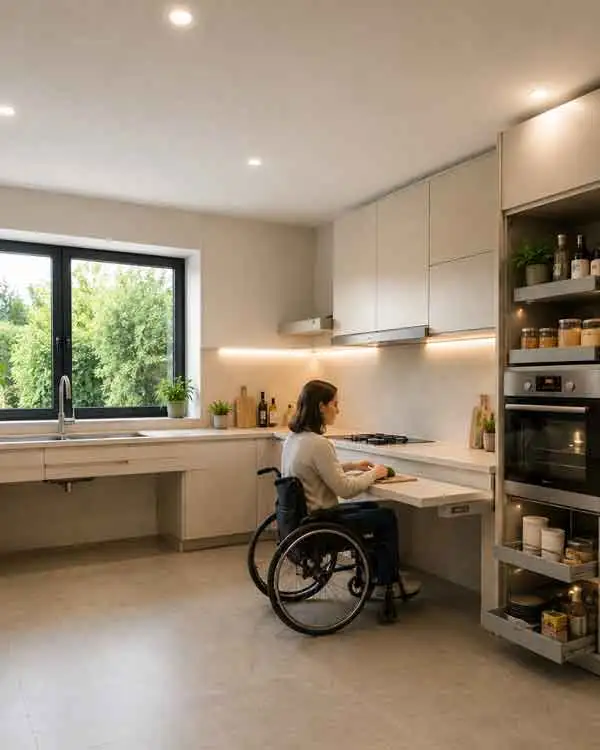 Cocina accesible para persona con movilidad reducida con encimera adaptada, espacio libre inferior para aproximación en silla de ruedas, columnas de almacenamiento accesibles y electrodomésticos integrados. Diseño moderno y funcional relacionado con las actuaciones subvencionables del plan ayudas Plan Adapta 2026.