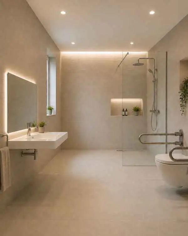 Baño accesible para persona con movilidad reducida con ducha a ras de suelo, lavabo suspendido adaptado, barras de apoyo abatibles junto al inodoro y hornacina integrada en la ducha. Diseño moderno y amplio, ejemplo de reforma subvencionable mediante el Plan Adapta 2026.
