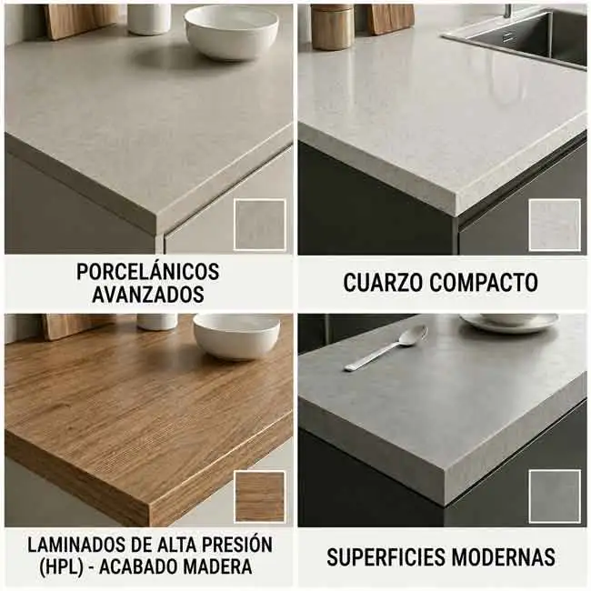 Distintas superficies de encimeras de cocina Comparativa visual de distintas superficies de encimeras de cocina, con ejemplos de porcelánicos avanzados, cuarzo compacto, laminados de alta presión HPL con acabado madera y superficies modernas.