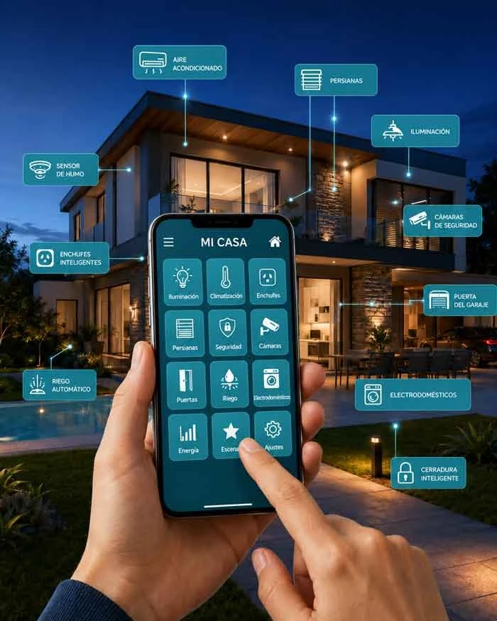 Sistema de domótica para personas con discapacidad gestionado desde una aplicación móvil, con control de iluminación, persianas, climatización, cámaras de seguridad, enchufes inteligentes, riego automático y electrodomésticos conectados en una vivienda moderna. Solución compatible con actuaciones del plan ayudas Plan Adapta 2026.